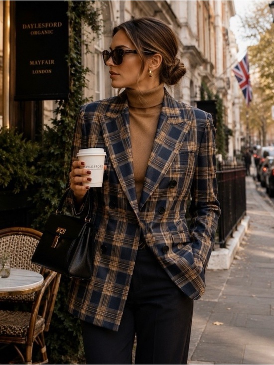 Suistudio Jackets & Blazers - SUISTUDIO Italian Wool Plaid Double Breasted Blazer Cameron Navy Tan US 6